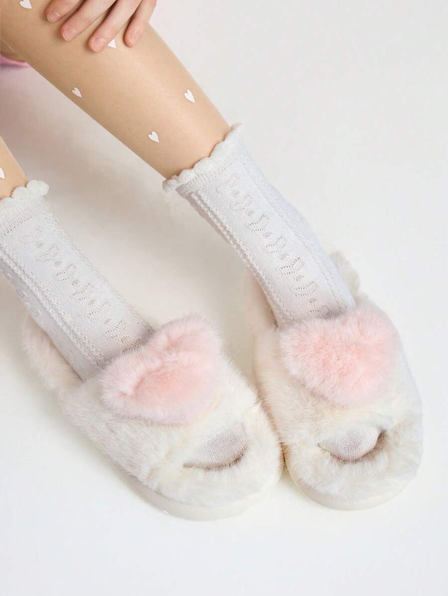 ROMWE Kawaii 2025 女士舒适可爱露趾 3D 心形毛绒厚底室内拖鞋，休闲卧室拖鞋