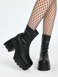 ROMWE Grunge Punk 2025 年秋冬女式休闲一脚蹬高跟厚底时尚靴，搭配秋季服装、连帽衫、弹力 PU 皮革中筒黑色靴子 - 黑色 - 查看 2
