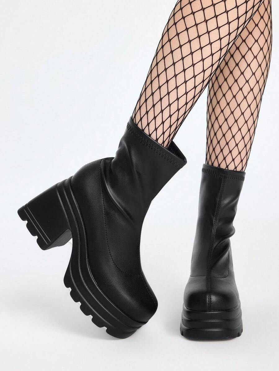 ROMWE Grunge Punk 2025 年秋冬女式休闲一脚蹬高跟厚底时尚靴，搭配秋季服装、连帽衫、弹力 PU 皮革中筒黑色靴子
