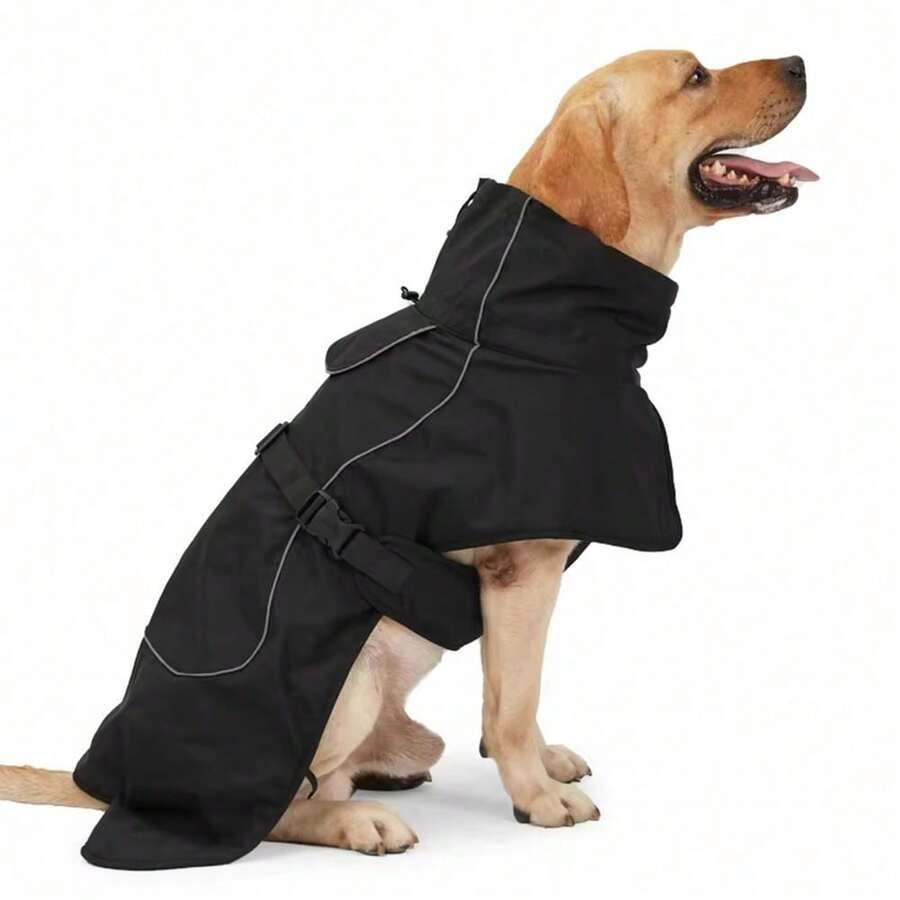 Dog Raincoat - Waterproof Dog Winter Jackets Windproof Coat With Velvet Inner Winter Dog Rain Adjustable Coat - Black - View 1