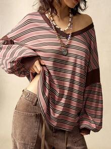 Bohemela Camiseta suelta de mujer de manga larga con cuello en V de parchwork de punto a rayas, ropa de invierno para mujer, blusa a rayas de hombros descubiertos de manga larga de mujer para otoño e invierno, ropa de mujer, parte superior a rayas de color albaricoque, ropa exterior, blusa de hombros descubiertos a rayas, blusa casual de mujer, camiseta de manga larga, blusa de Navidad, blusa de Año Nuevo, blusa marrón, blusa a rayas marrones, otoño, ropa de otoño para mujer - Multicolor - Ver 5
