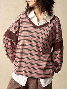 Bohemela Camiseta suelta de mujer de manga larga con cuello en V de parchwork de punto a rayas, ropa de invierno para mujer, blusa a rayas de hombros descubiertos de manga larga de mujer para otoño e invierno, ropa de mujer, parte superior a rayas de color albaricoque, ropa exterior, blusa de hombros descubiertos a rayas, blusa casual de mujer, camiseta de manga larga, blusa de Navidad, blusa de Año Nuevo, blusa marrón, blusa a rayas marrones, otoño, ropa de otoño para mujer - Multicolor - Ver 6