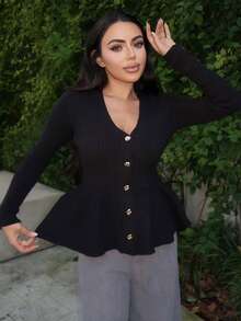 Durrani Popal V领修身拼布花卉下摆不对称纽扣女式开衫 - 黑色 - 查看 4