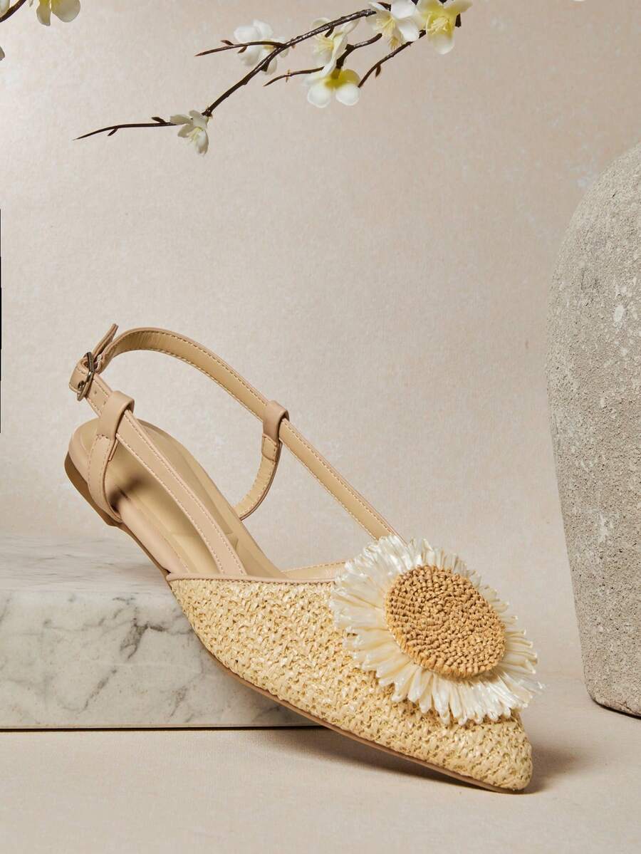 SHUZIA Giày đế bệt hở mũi đính hoa gợi cảm cho nữ, thoải mái, quai hậu bằng raffia - Màu be - Xem 1