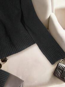 Franclia Áo len chui đầu tay dài cổ lông chắp vá thanh lịch dành cho nữ, thiết kế cao cấp, kiểu dáng đi làm, cỡ lớn, mùa thu/đông - màu đen - Xem 4