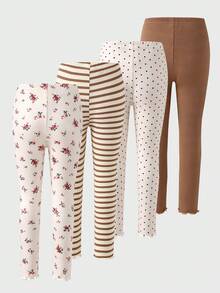 Souflis Souflis Toddler Girls Leggings 4-Pack - Floral Stripe Polka Dot Solid Multi-Style Stretch Skinny Pants Sweet Floral Print Design Brown White Series Sweet Color Stretch Breathable Fabric High Waist Slim Fit Leggings Floral Stripe Polka Dot Combo Social Media Style Sweet 2026 New Year Holiday Essential Little Girls Leggings Set Leggings Only No Top Included Leggings Pack Girls Long Pants