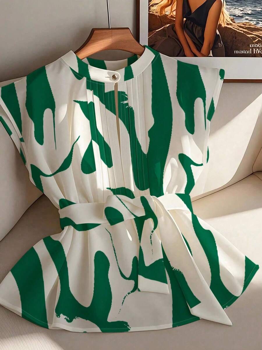 Franclia 黑色 & 白色立领荷叶边优雅系带办公衬衫 - 彩色 - 查看 1