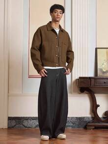 SWAVVY Áo khoác len pha trộn đơn giản, màu trơn, cài một hàng khuy dành cho nam - màu nâu - Xem 4