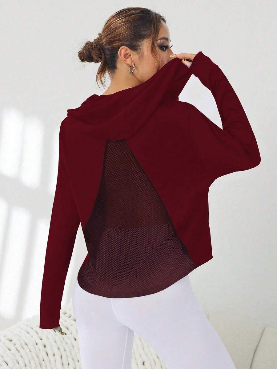 SHEIN Sports 女士纯色长袖网眼拼接拉链连帽运动夹克 - 酒紅色 - 查看 1