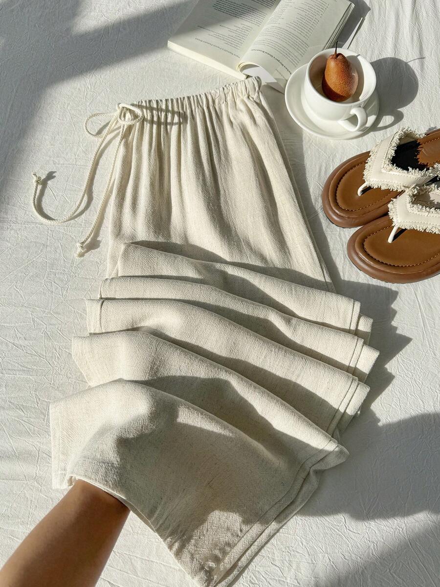 Comfortcana 大码休闲宽松亚麻抽绳裤 - 杏色 - 查看 1