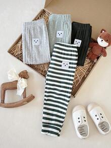 SHEIN 4pcs Baby Boys' Casual Daily Elastic Waist Fleece Uneven Ribbed Striped Dark Green Green Gray Embroidered Smiling Face Embroidered Patch Pants, Comfortable For Outings Or Home, Suitable For Spring/Autumn - Multicolor - View 4