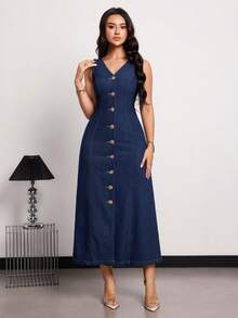 SHEIN Tall Women's Fashion Front Button Sleeveless Denim Dress, Suitable For Commuting Elegant V-Neck Commuter-Chic Metallic Floral Button Detailing Deep Blue Washed Denim Maxi Skirt - Dark Wash - View 7