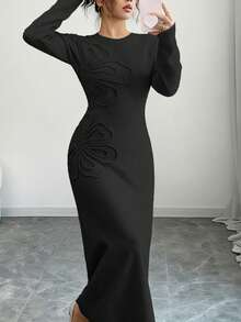 Selianne Women's Floral 3D Embellished Crew Neck Long Sleeve Fitted Knit Dress - Black - View 4