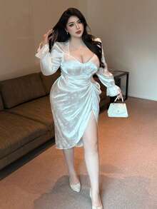 Flirla 复古蓝白提花方领不对称褶皱收腰时尚连衣裙，女士款 - 白色 - 查看 6