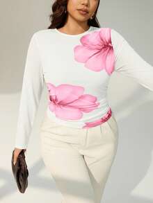 SHEIN Essnce Plus Size Contrast Color Floral Print Round Neck Long Sleeve T-Shirt - Pink - View 6