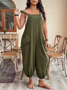 EMERY ROSE Plus Size Women's Elegant Textured Loose Jumpsuit With Adjustable Straps, Suitable For Early Spring - Green - View 1
