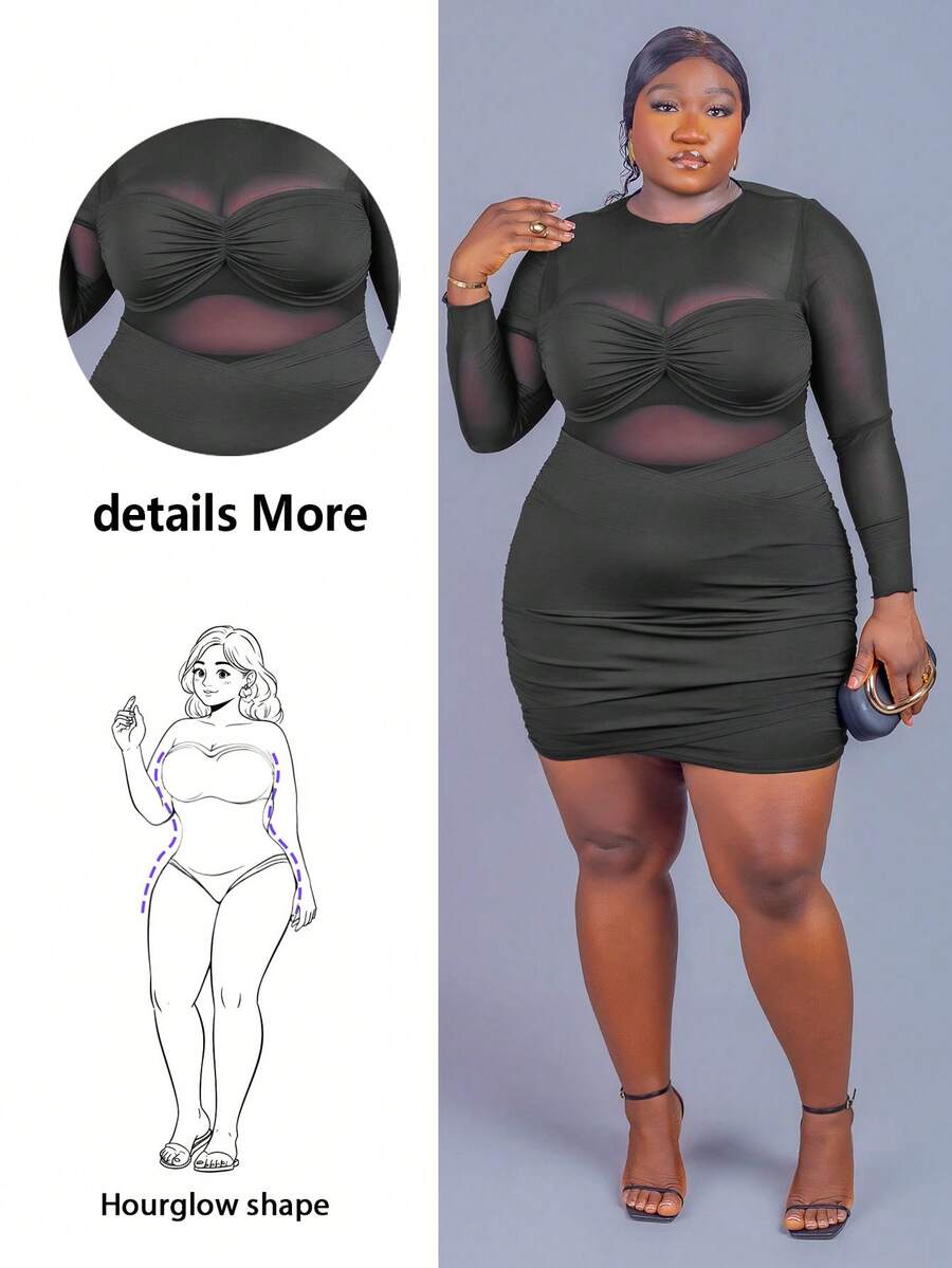 CurvyTilda Vestido transparente e justo em tela fina, tamanho plus size, sexy - Preto - Visão 1