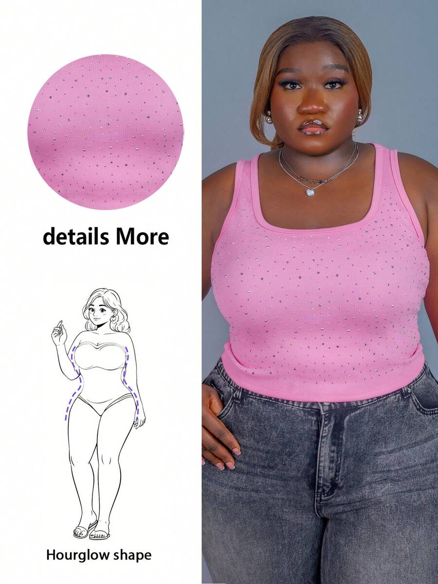 CurvyTilda Blusa de talla grande cómoda con aplicaciones de rhinestones, elegante para uso casual, vacaciones, oficina. Para uso diario en verano y primavera - Rosa - Ver 1