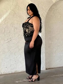 Truni Camiseta tipo camisola elegante de encaje talla grande, adecuada para vacaciones - Negro - Ver 3