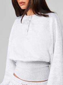 MISSGUIDED Ljusgrå ljungfärgad tröja med popperdetalj och åtsittande midja för dam, långärmad, rund halsringning, ribbad fåll, höst- och vintertopp - Ljusgrå - Visa 5