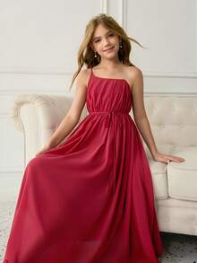 Tween Girls Elegant Burgundy Summer Wedding Formal Flower Girl Dress,Chiffon Spaghetti Strap Sleeveless Puffy Princess Ball Gown For Graduation - Red - View 7