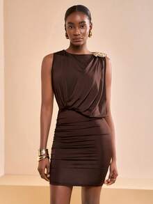 Zivah Women's Elegant Brown And Gold Summer Chocolate Knit Draped Dress,Bar Party One Shoulder Metal Decor Button Ruffle Hips Slit High-End Mini Skirt Dress - Brown - View 4