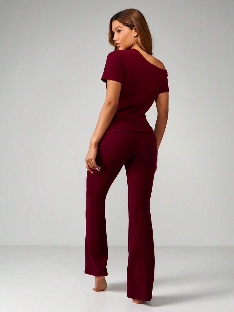 MISSGUIDED Burgundy Off Shoulder Short Sleeve Crop Top With Wide Leg Flare Pants Ribbed Knit Pajama Lounge Set