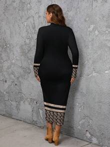 SHEIN LUNE Vestido ajustado de cuello redondo de manga larga con patrón geométrico de brillo clásico, minimalista y casual, adecuado para otoño/invierno, talla grande - Multicolor - Ver 2