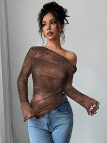 Firerie Women's Fashion Sexy Tie-Dye Asymmetric Long Sleeve T-Shirt Bohemian Romantic  Glamorous Party Elegant - Brown - View 3