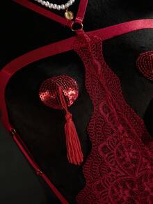 SpicyHot 3pcs Set: Lace Hollow-Out Bodysuit + Nipple Pasties For Women, Sexy - Burgundy - View 3
