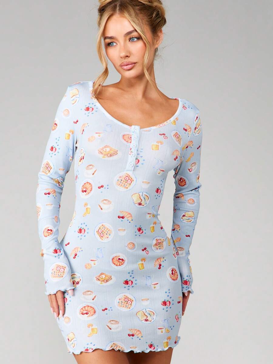 MISSGUIDED Cute Breakfast Food Print Button Front Long Sleeve Mini Sleep Dress With Scoop Neckline And Lettuce Edge Hem For Casual Loungewear - Multicolor - View 1