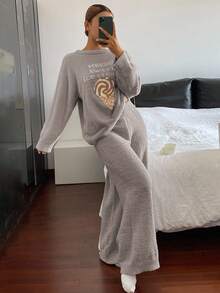 DAZY 2pcs Ice Cream Print Fleece Knit Loose Pajama Set For Women, Autumn/Winter - Light Grey - View 6