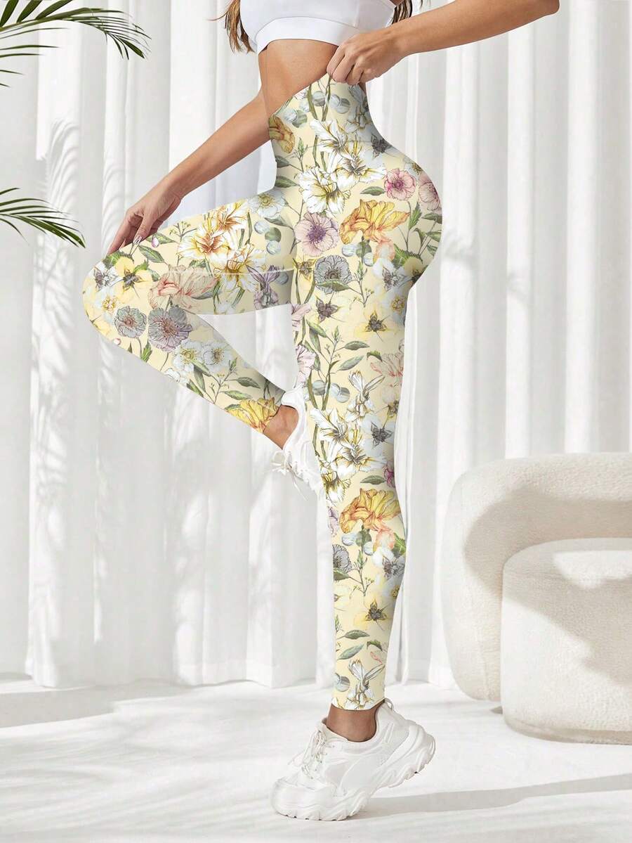 SHEIN Sovereign Charm 女士高腰印花修身瑜伽紧身裤,适合日常穿着 - 淡黃色 - 查看 1