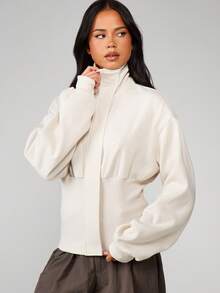 MISSGUIDED Funnel Neck Cinched Waist Sweatshirt Long Sleeve Ribbed Hem Pull Over Top Cozy Winter Casual Comfort - Apricot - View 4