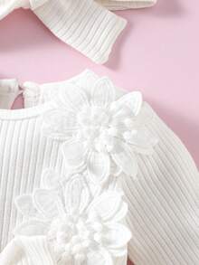 SHEIN Newborn Baby Girl White Pit Stripe Three-Dimensional Embroidery Flower Bow Splicing Mesh Dress And Headband 2-Piece Set, Autumn And Winter New Elegant And Suitable For Outdoor Shooting - White - View 5