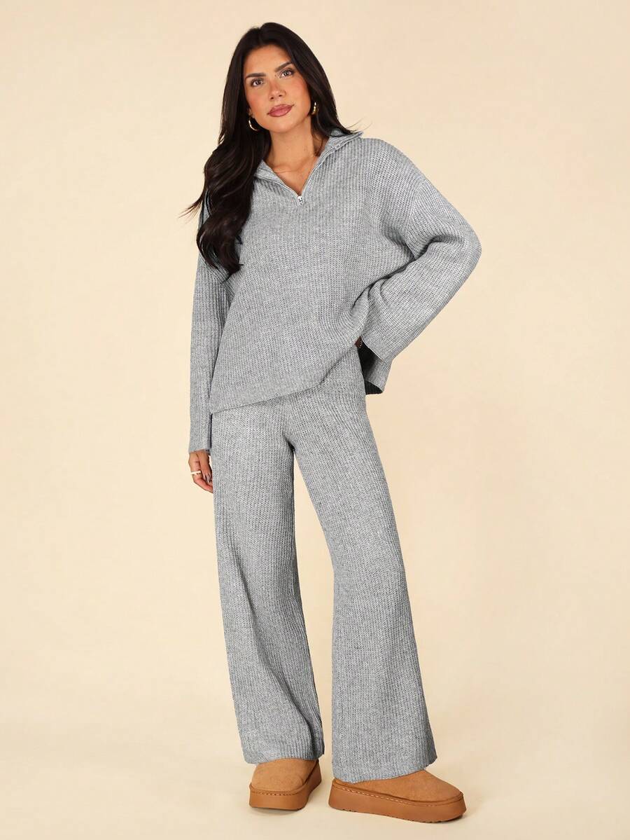 Coeurva Women's Solid Color Zipper Half Placket Dropped Shoulder Long Sleeve Sweater And Knitted Pants Casual Set, Autumn/Winter - Grey - View 1