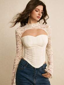 Poéselle 女士撞色透视蕾丝边立领T恤，弹力修身提花针织面料，新年系列；优雅白色上衣，适合日常穿着和情人节约会 - 杏色 - 查看 6