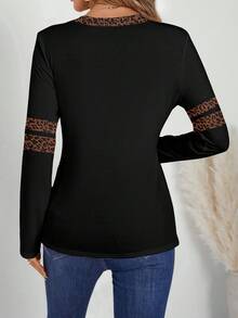 EMERY ROSE Women's V-Neck Leopard Print Patchwork Casual Long Sleeve T-Shirt, Autumn/Spring,Black Top Spring,Casual - Black - View 2