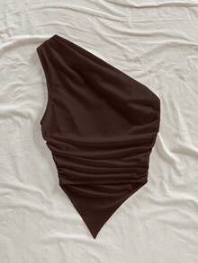 Soleia Women's Solid Color Pleated Sleeveless Casual Commuter Top Spring - Coffee Brown - View 2