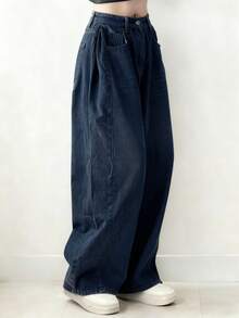 DAZY 女士休闲时尚街头风日常通勤简约百搭宽松阔腿牛仔裤 Y2k - 藏蓝色 - 查看 3
