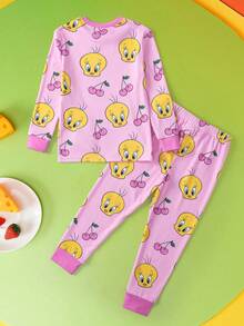 LOONEY TUNES X SHEIN 小女孩可爱樱桃印花长袖上衣和裤子睡衣套装，适合春秋季穿着