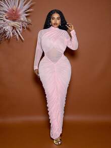 Veslaya 春秋新款优雅派对约会生日晚宴毕业典礼婚礼浪漫修身纯粉色拼接V腰褶裥长袖连衣裙，配以透视网纱，适合大码女性 - 粉色 - 查看 1