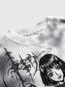 ROMWE Grunge Punk Y3k Cyber Symbol & Anime Character Print Distressed Wash Loose Fit Women Pullover Sweater - White - View 3