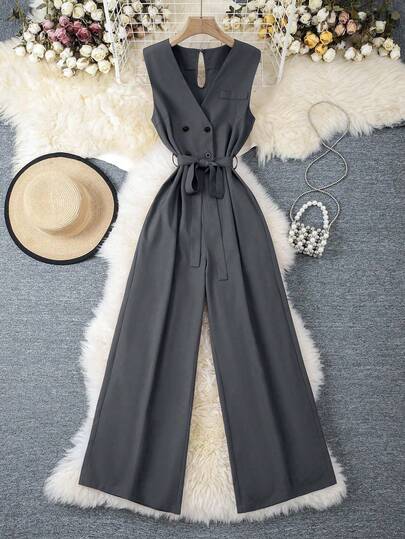 INAWLY Women's Solid Color V-Neck Sleeveless Fashion Double-Breasted Straight Loose Elegant Jumpsuit