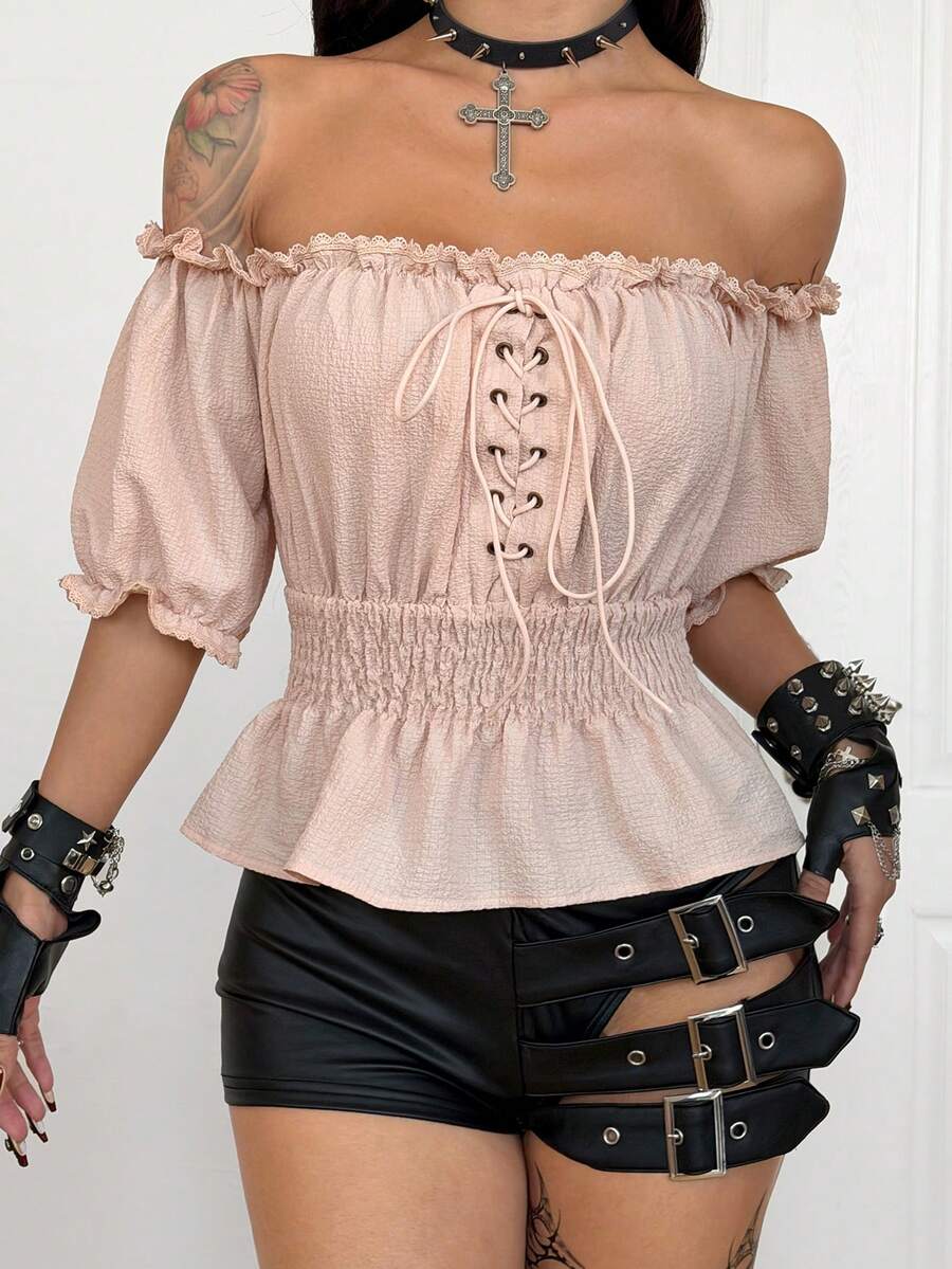 Coolane Women's Spring/Summer Goth Y2K Vintage Concert Rave Festival Going Out Off The Shoulder Rave Renaissance Fair Lettuce Trim Textured Top - Apricot - View 1