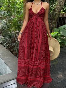 Sunnyshic 粉色数码印花修身露背系带连衣裙，法式V领沙滩度假风 - 彩色 - 查看 4