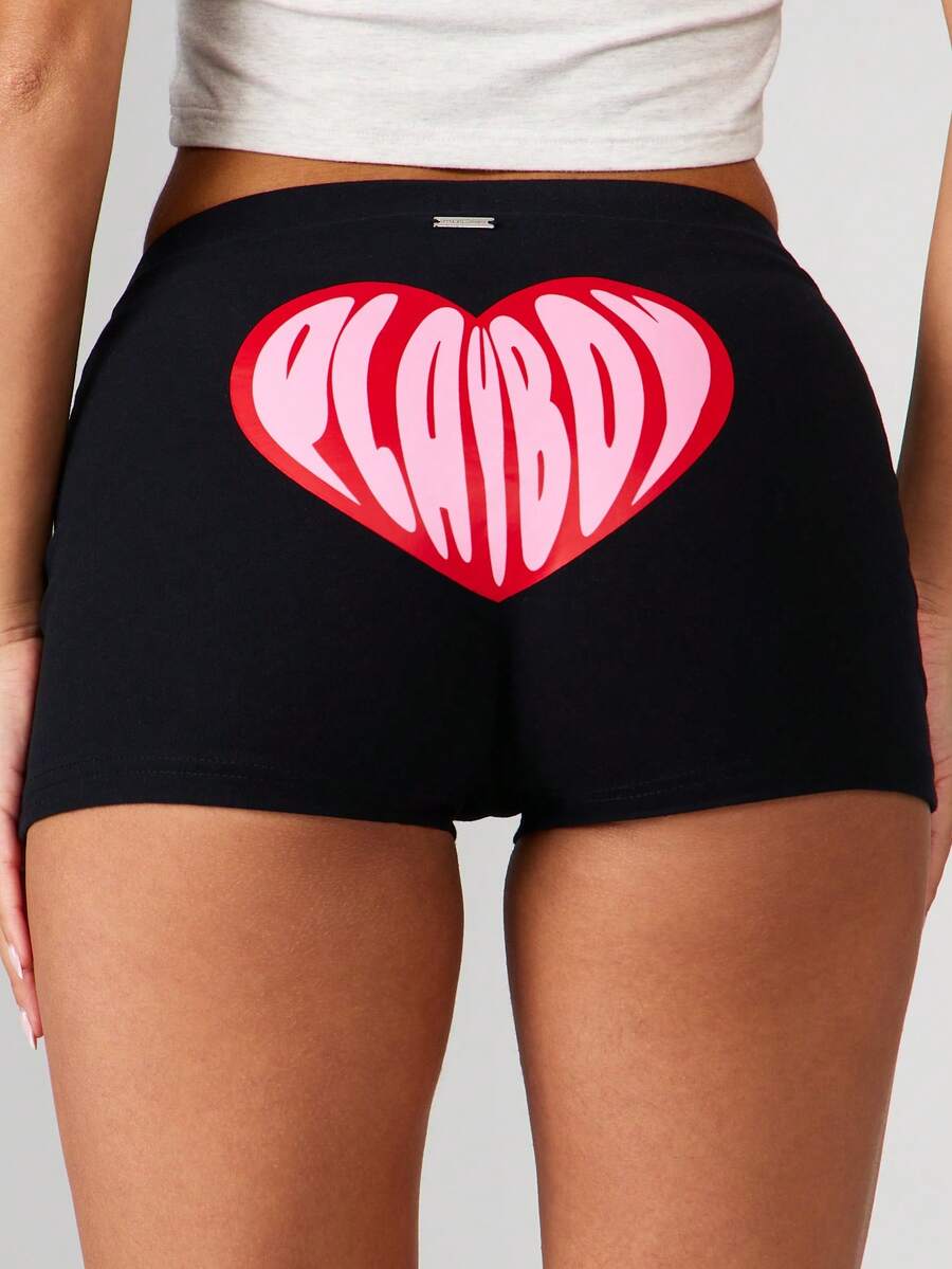 Missguided x Playboy Quần short họa tiết trái tim có logo chú thỏ mặc ở nhà lễ hội mùa hè - màu đen - Xem 1