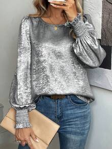 SHEIN LUNE 女士宽松圆领箔褶喇叭袖衬衫 - 銀色 - 查看 1