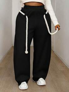 Maweii Quần nỉ ống rộng cạp chun co giãn cỡ lớn cho nữ - màu đen - Xem 3