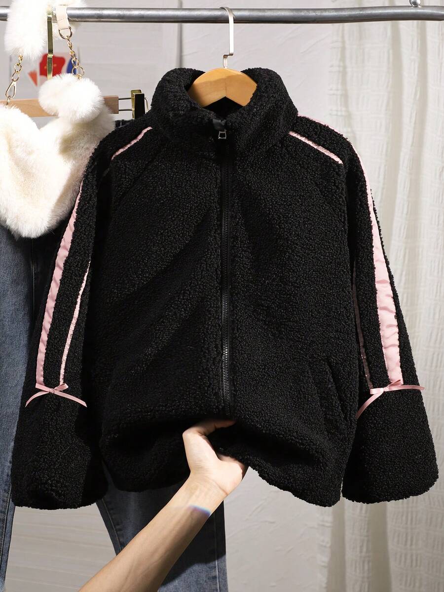 SHEIN Girls Casual Beige Fluffy Jacket With Bow Decor, Versatile For Commuting - Black - View 1
